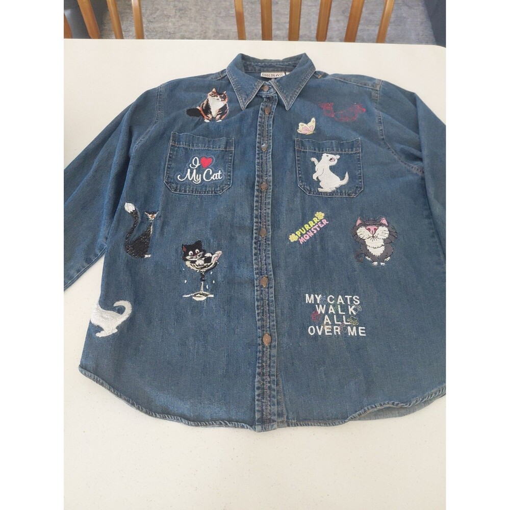 Bill Blass Jeans Denim Women's Long Sleeve SO MANY CATS Embroidered Shirt Large